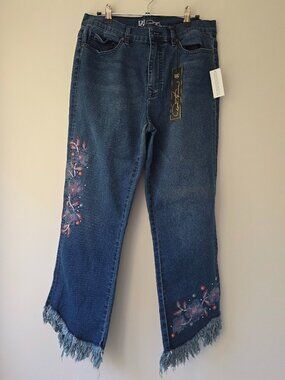 Diane Gilman DG2 Embroidered Frayed High Rise Crop Jeans Women's Size 10 NWT